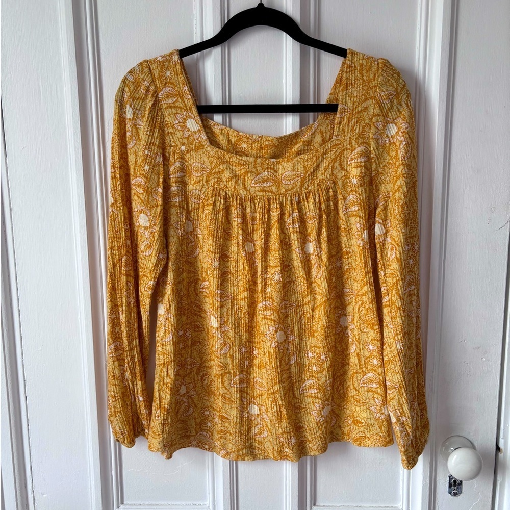 Lucky Brand Women’s Square Neck Long Sleeve Pullover Peasant Top Yellow Floral M